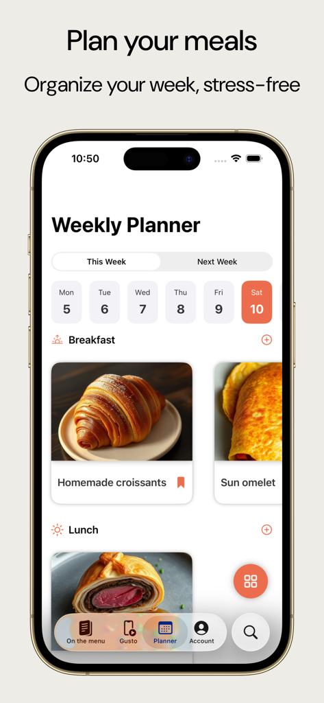 Foodix - Easy Recipes - Weekly meal planner screen in the Foodix app showing breakfast and lunch recipe cards