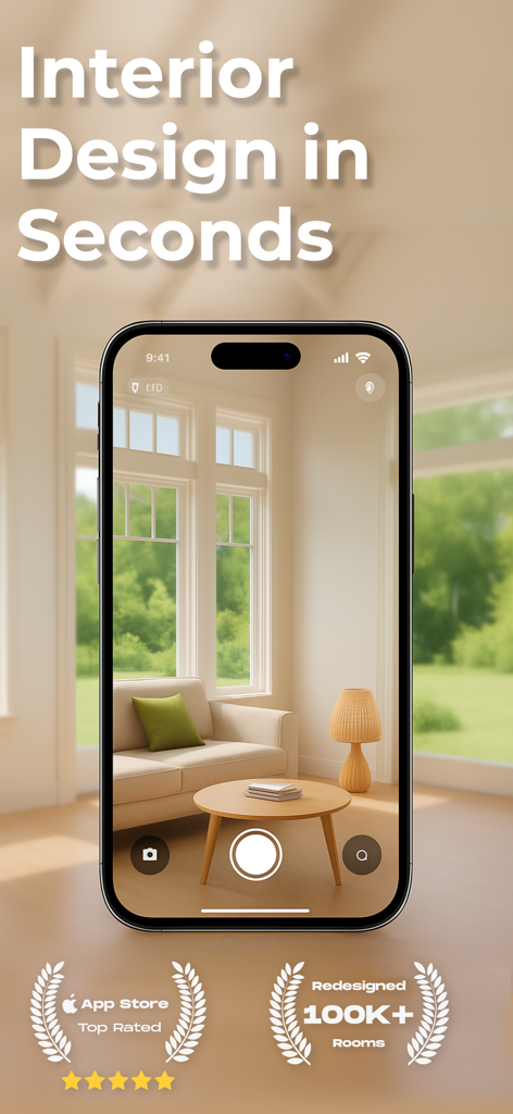 Remodel AI: Room Planner - Uma tela de celular exibindo o aplicativo Remodel AI usado para design de interiores rápido e planejamento de salas.