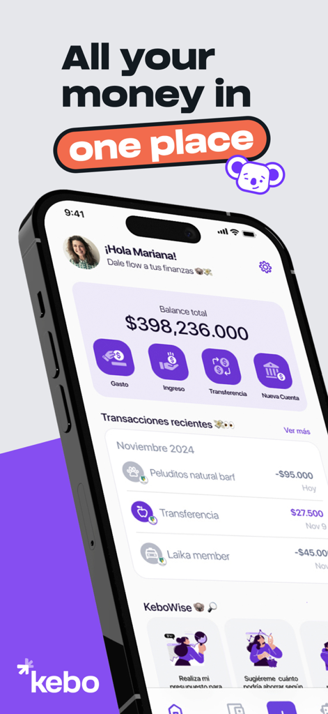 Kebo budget tracker dashboard showing total balance and recent transactions on an iPhone