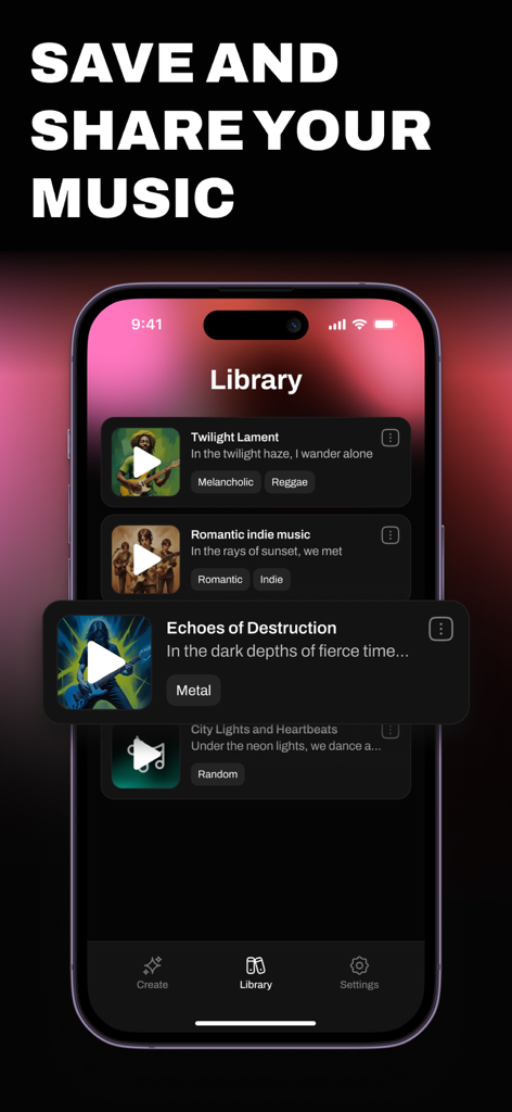 AI Song and Music Maker App - 커버 아트와 장르가 있는 AI 생성 노래 라이브러리를 표시하는 모바일 앱 인터페이스