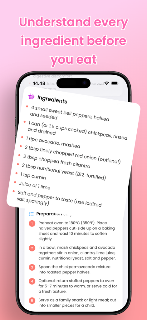 Pregnancy Food Buddy – AI Scan - A smartphone screen showing a recipe with a list of ingredients and preparation steps for pregnant women