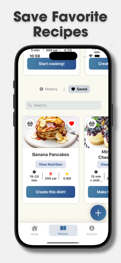 Recipi: AI Recipe Maker - Interfaz de la aplicación Recipi que muestra recetas favoritas guardadas con información calórica y nutricional.