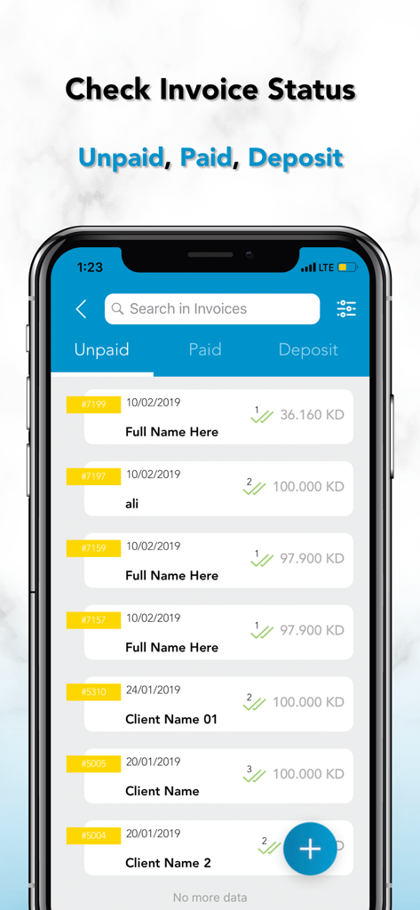 Mobile Benutzeroberfläche der MyFatoorah-App, die eine Liste unbezahlter Rechnungen mit Registerkarten zur Statusverfolgung für unbezahlt, bezahlt und Einzahlung anzeigt.