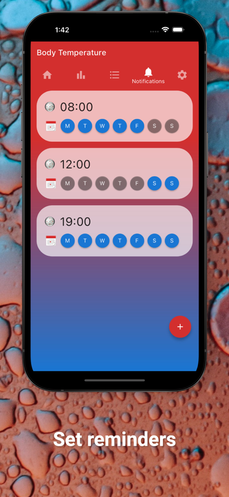Notification settings screen showing scheduled daily reminders for body temperature checks