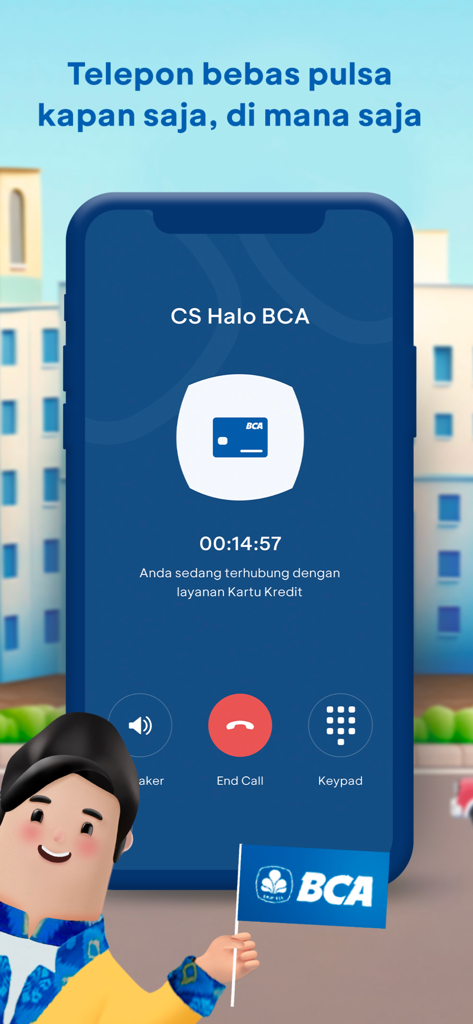 Uma captura de tela do aplicativo Halo BCA mostrando uma chamada de atendimento ao cliente em andamento para assistência com cartão de crédito