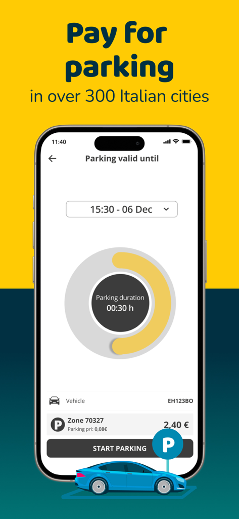 Interface de l'application mobile Wetaxi montrant comment payer le stationnement dans plus de 300 villes italiennes avec un minuteur circulaire et un bouton de démarrage de stationnement