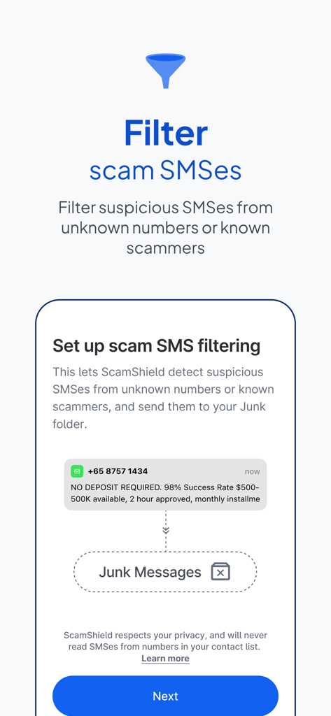 ScamShield - 스캠쉴드 앱 인터페이스에서 의심스러운 SMS 메시지 필터링을 설정하고 정크 폴더로 이동하는 방법 표시