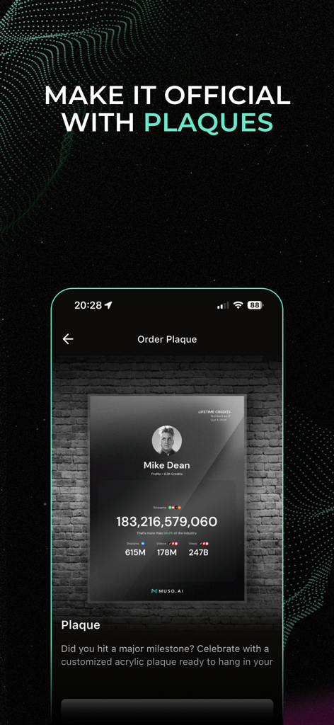 Muso.AI app screen showing a customizable acrylic plaque for music professionals to celebrate streaming milestones and credits