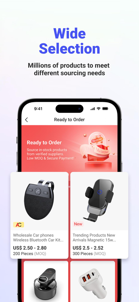 Tela do aplicativo Global Sources mostrando uma ampla seleção de eletrônicos no atacado para fornecimento B2B de fornecedores verificados.