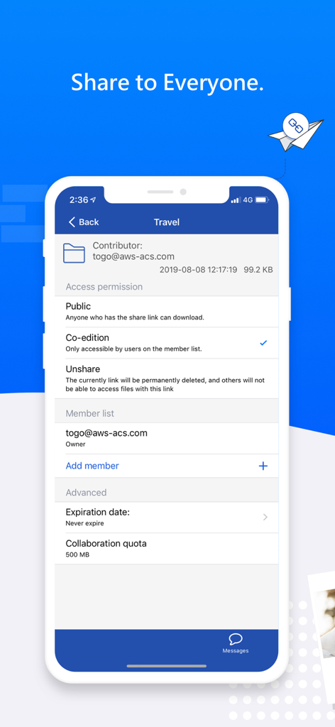 ASUS WebStorage - Interface móvel do ASUS WebStorage mostrando configurações de compartilhamento de pastas e permissões de acesso de membros