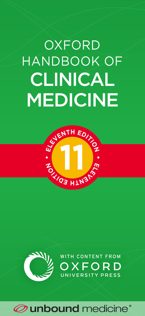 Oxford Handbook Clinical Med - 옥스퍼드 대학 출판사 및 Unbound Medicine 로고가 포함된 옥스퍼드 임상 의학 핸드북 11판 앱 스플래시 화면