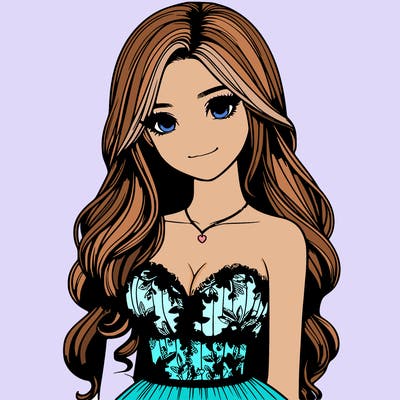 realistic girl with long hair and pretty prom dress
