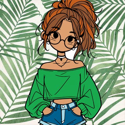 girl with a messy ponytail glasses a baggy crop top and jean shorts