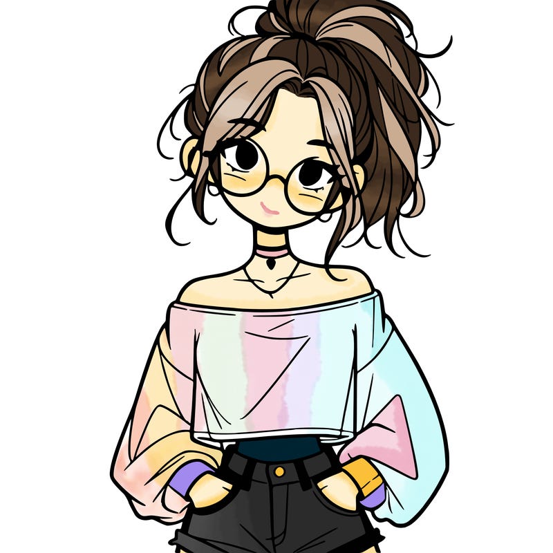 girl with a messy ponytail glasses a baggy crop top and jean shorts