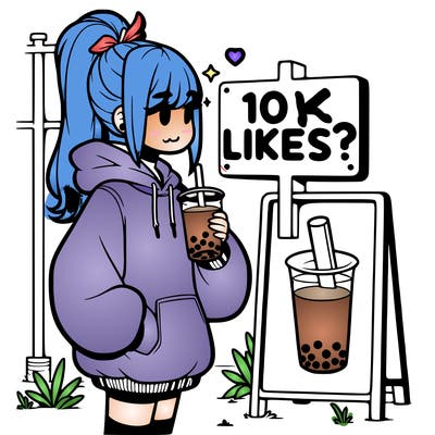girl with oversized hoodie drinking boba and she has a high ponytail with a sign that says 10likes?