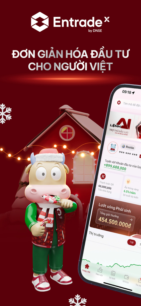 Entrade X by DNSE: Stocks - Interfaz de la aplicación de inversión vietnamita Entrade X by DNSE que presenta una mascota de toro festiva