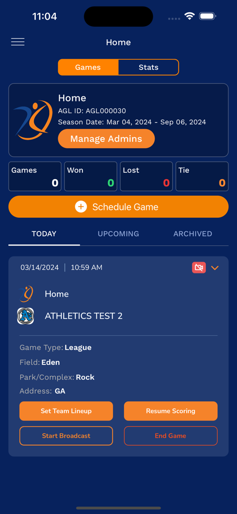AthletesGoLive - AthletesGoLive home screen showing game schedules, team stats, and broadcast controls for youth sports.