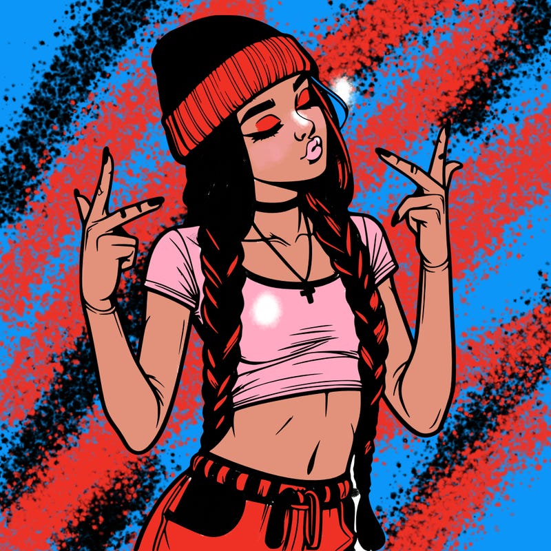 realistic teenage girl with braids and a beanie and crop top doing 🫶🏼