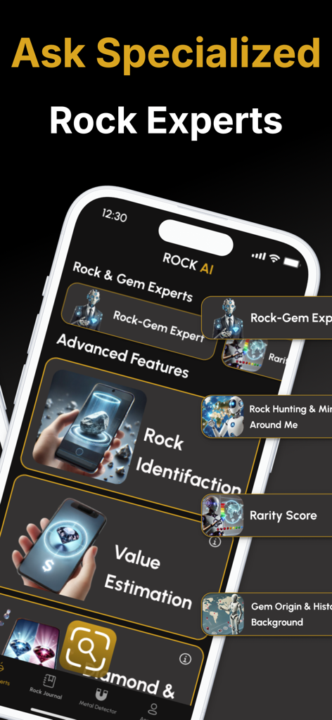 Stone Gem & Crystal Identifier - A mobile app interface for identifying rocks and gems with AI experts and value estimation features.