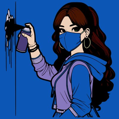realistic girl with mask spray painting a wall