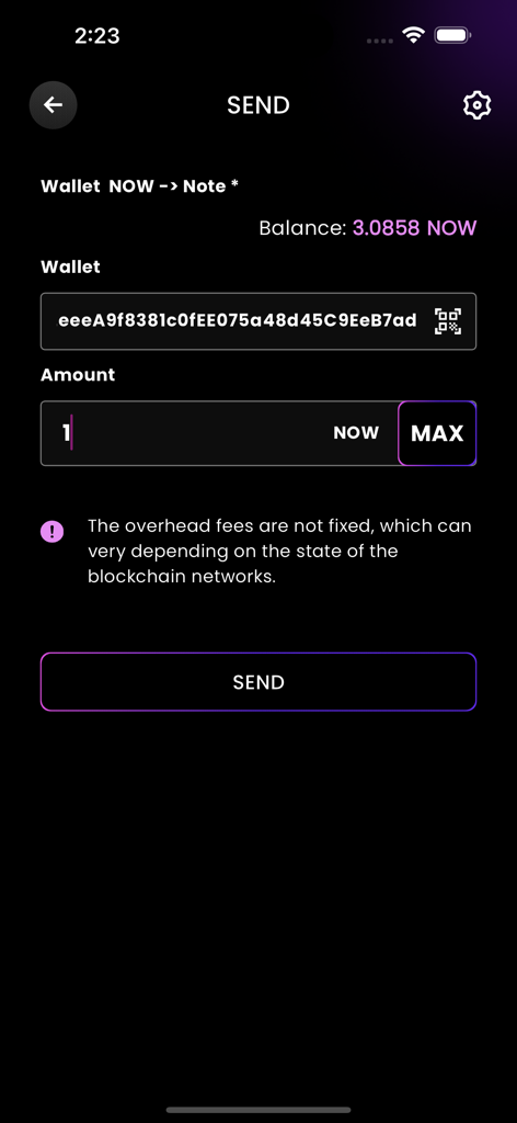 mobiNODE - Tela de transação para enviar tokens NOW no aplicativo móvel mobiNODE