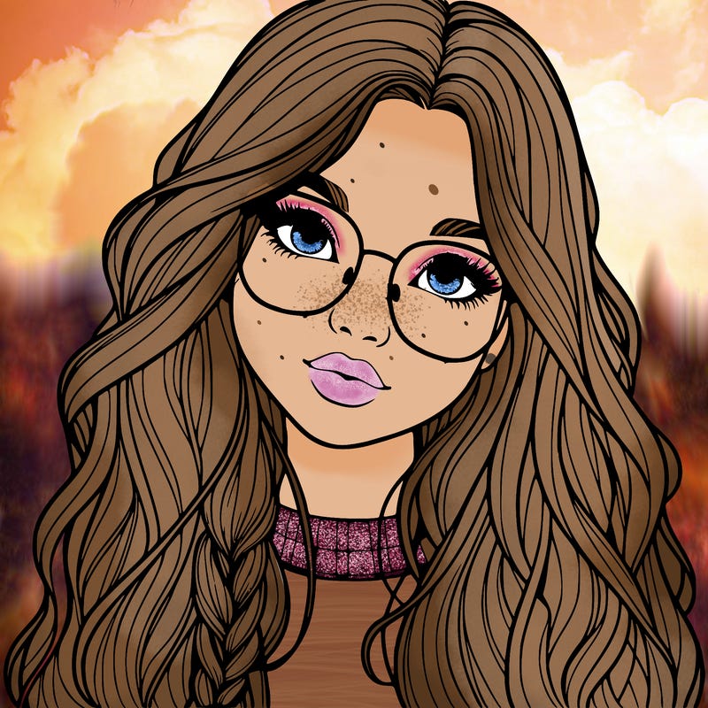 girl with long hair and freckles and glasses realistic
