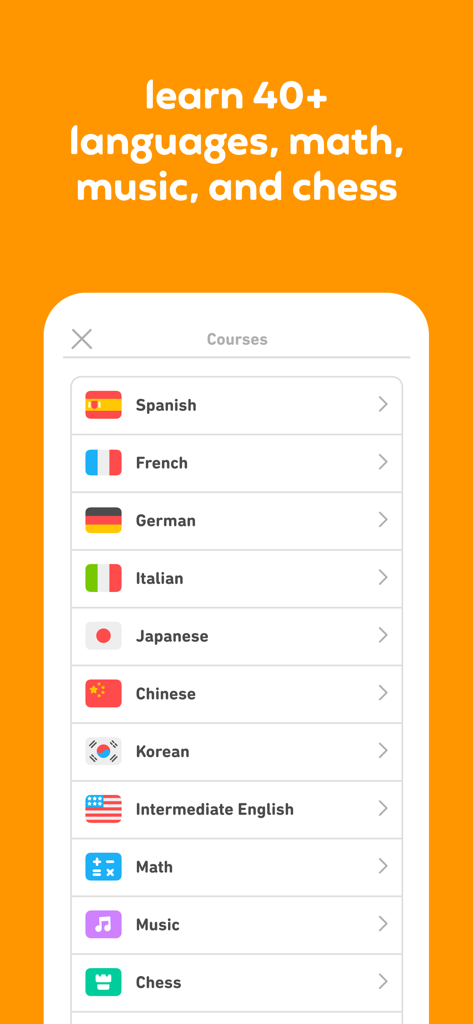 A menu showing language, math, music, and chess courses in the Duolingo app