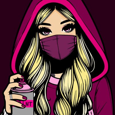 girl wearing a mask with long hair with her hood up spray-painting realistic