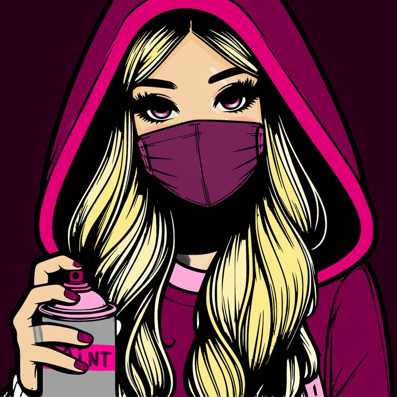 girl wearing a mask with long hair with her hood up spray-painting realistic
