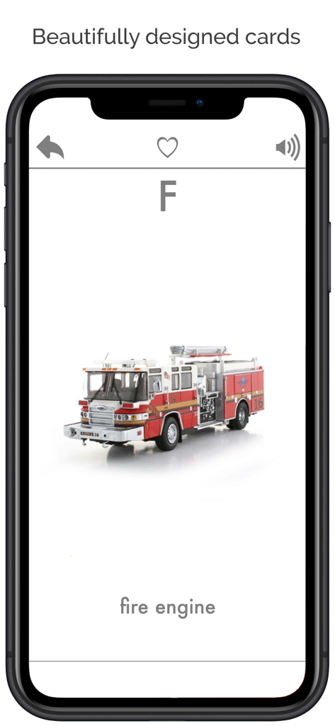 Flash Cards App Learn English - Flashcard educacional mostrando um caminhão de bombeiros real com a letra F