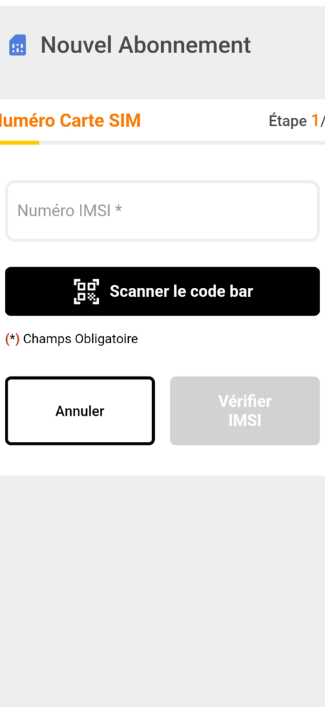 Interfaz de la aplicación Kaabu Orange Senegal que muestra el primer paso de una nueva suscripción con entrada de número IMSI y botón de escáner de código de barras.