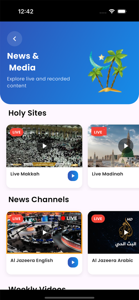 Live Mosque - Live Mosque app interface showing news and media section with live streams from Makkah Madinah and Al Jazeera