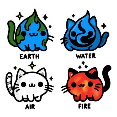 4 cats that represent the different elements, earth, water, air, and fire