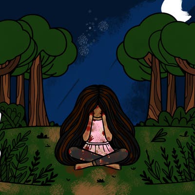 a girl with long flowing hair sitting down with her head in her hands in the middle of a calm forrest