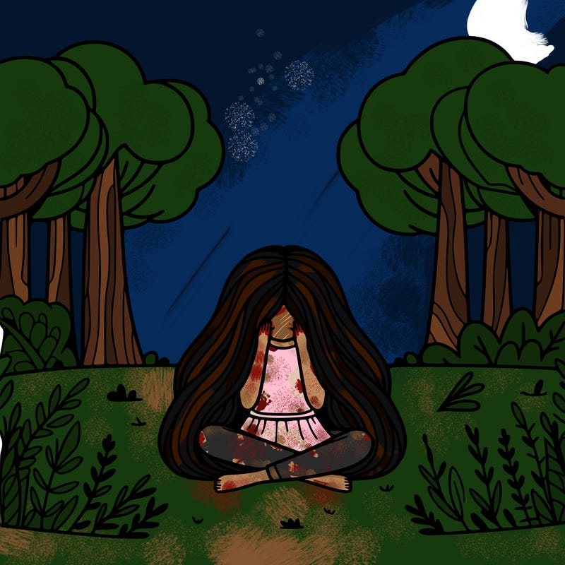 a girl with long flowing hair sitting down with her head in her hands in the middle of a calm forrest