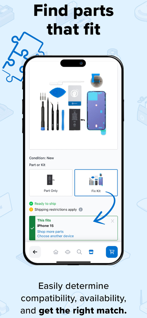 Interface of iFixit app showing a repair kit for iPhone 15 with tools and a compatibility confirmation message.