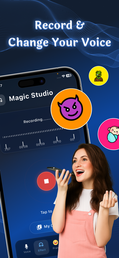 Voice Changer - Sound Effects⁺ - A woman recording her voice on a smartphone using the Voice Changer app with various AI sound effect icons.