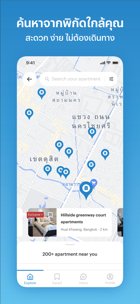 Renthub app map view showing property locations and apartment listings in Bangkok.