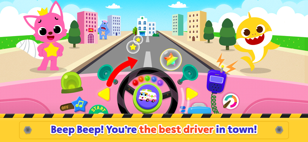 Baby Shark Car Town - Un tableau de bord de voiture interactif et coloré mettant en scène les personnages de Baby Shark et Pinkfong dans un décor de ville de dessin animé