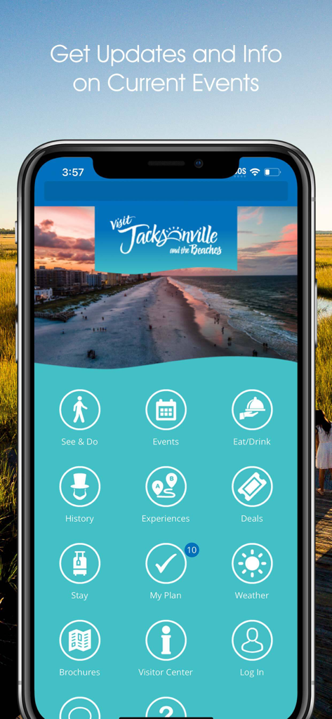 Visit JAX! - Home screen of the Visit JAX travel app featuring tourism categories like events, dining, and history with a scenic beach background.
