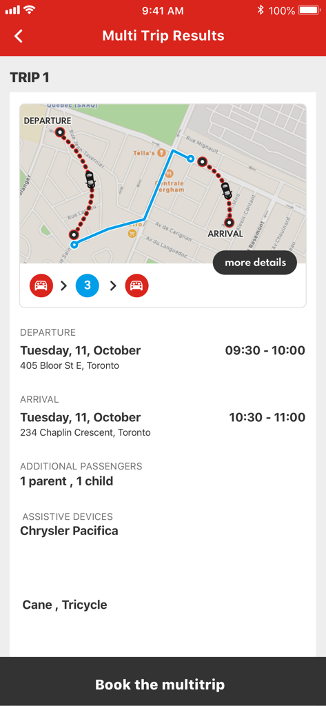 Wheel-Transモバイルアプリ。マップルートと出発・到着時刻が表示された複数旅行の結果を表示。
