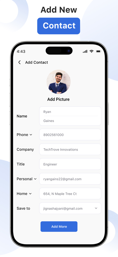 Interfaz para agregar un nuevo contacto en CallApp que muestra campos para nombre, número de teléfono e información de la empresa