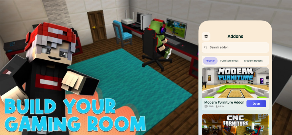 Minecraft custom gaming room build and furniture addon app interface