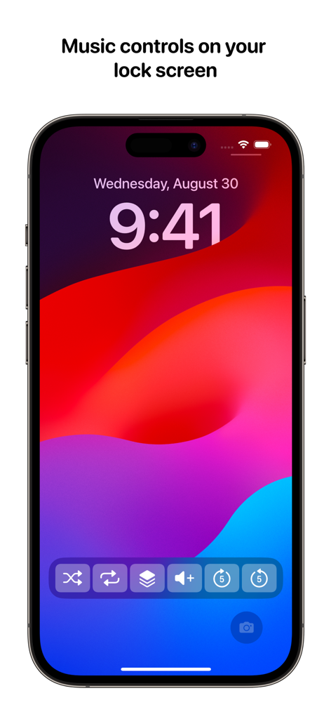 An iPhone lock screen showing the ControlBar music utility with custom buttons for shuffle, repeat, playlists, and seeking.