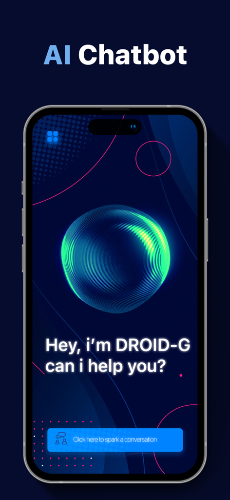 Oberfläche der Droid G KI-Chatbot-App auf einem Smartphone mit einer Willkommensnachricht und einer Schaltfläche zum Starten einer Konversation