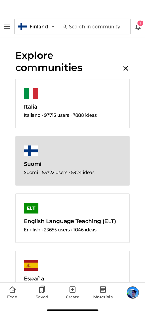 A mobile app screen titled Explore communities showing groups for teachers in Italy Finland and ELT