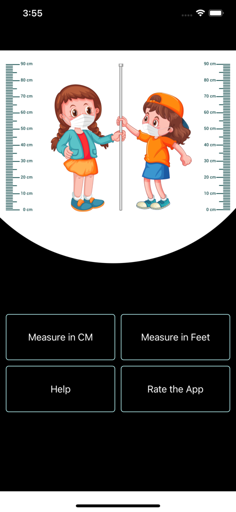 Height Comparison: Hikaku Pro - Main menu of the Height Comparison Hikaku Pro app showing measurement options in centimeters and feet with a cartoon height chart.