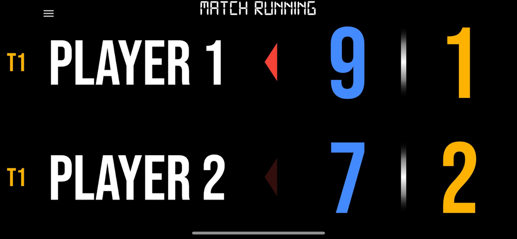Placar digital de tênis de mesa mostrando o progresso da partida com pontuações e sets para dois jogadores