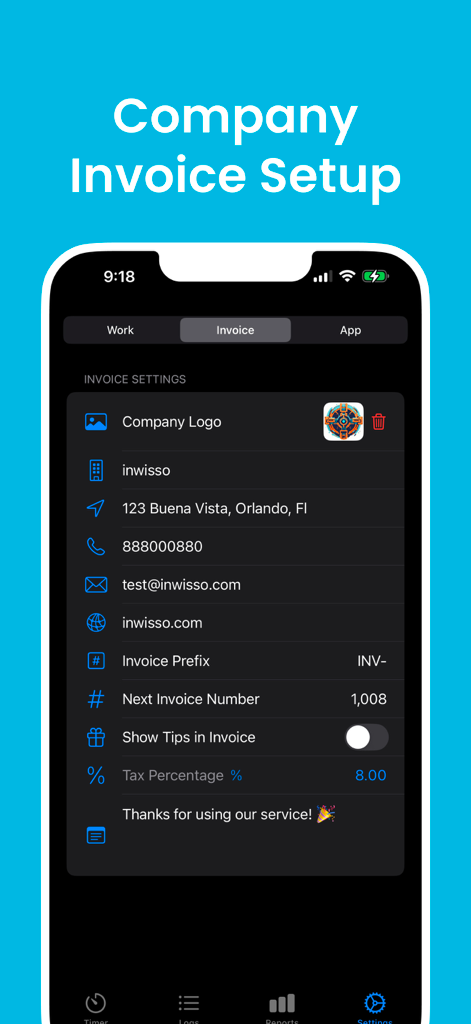 Hours Clocker: AI Punch Time - Hours Clocker app interface for configuring company invoice settings including logo contact information and tax details