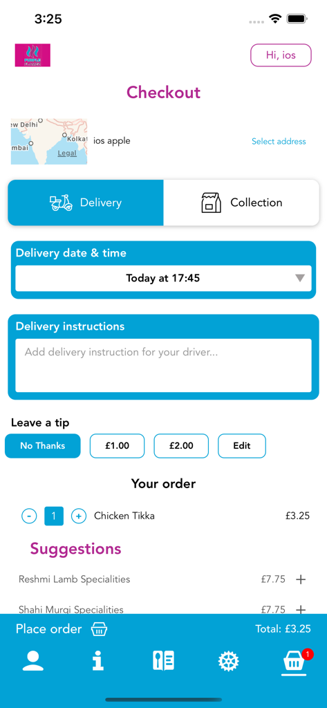 Checkout screen of the Purple Flamez food app showing order summary and delivery options